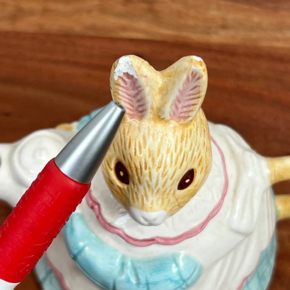 Vintage Ceramic Rabbit Teapot Bunny in Blue Checkered Skirt Hand Painted 6in